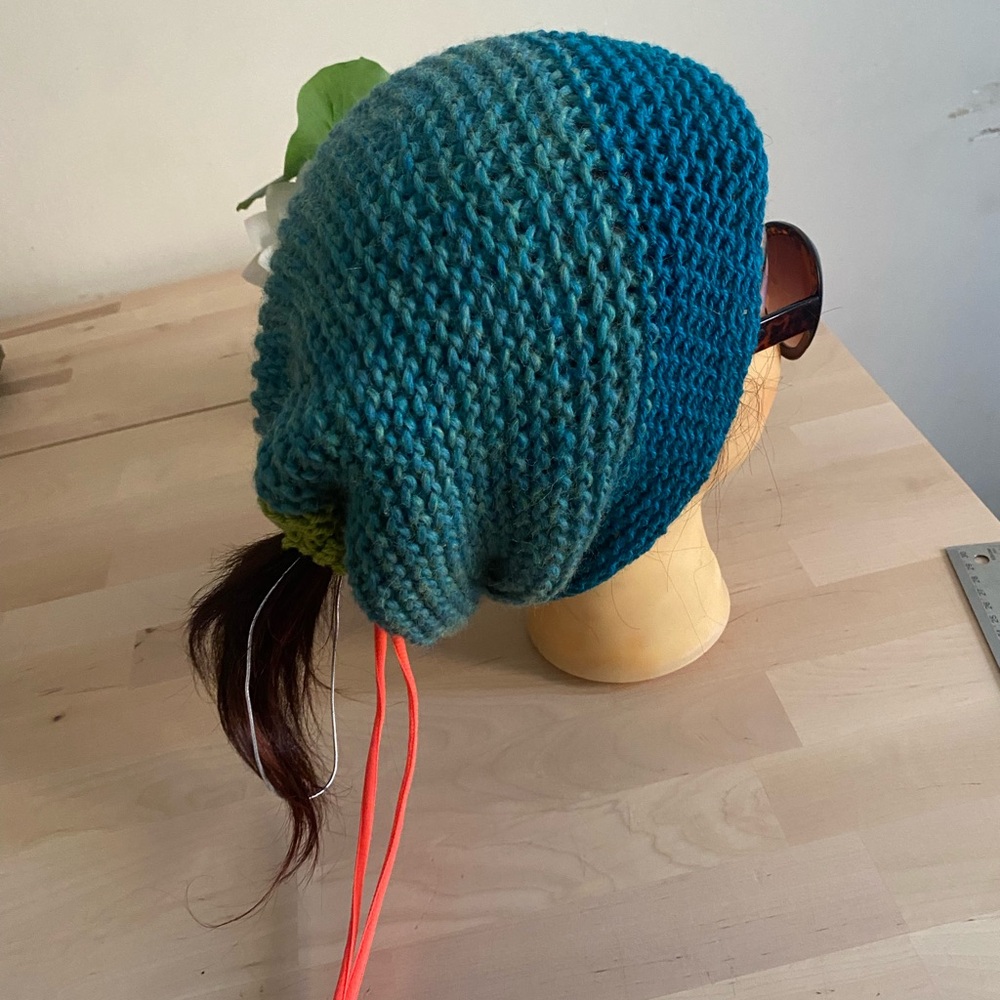 Convertible Blue and Green Knit Hat- scarf.